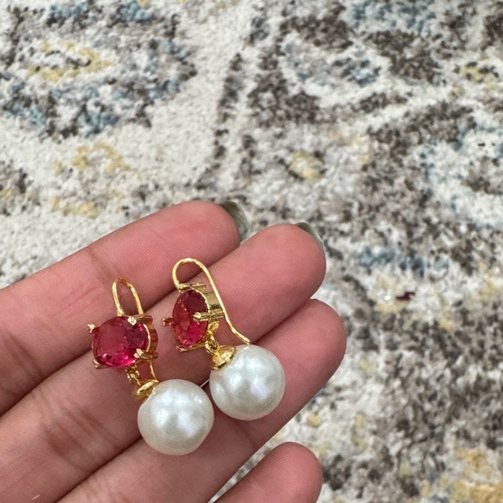 Elegant Gold and Red Pearl Drop Earrings